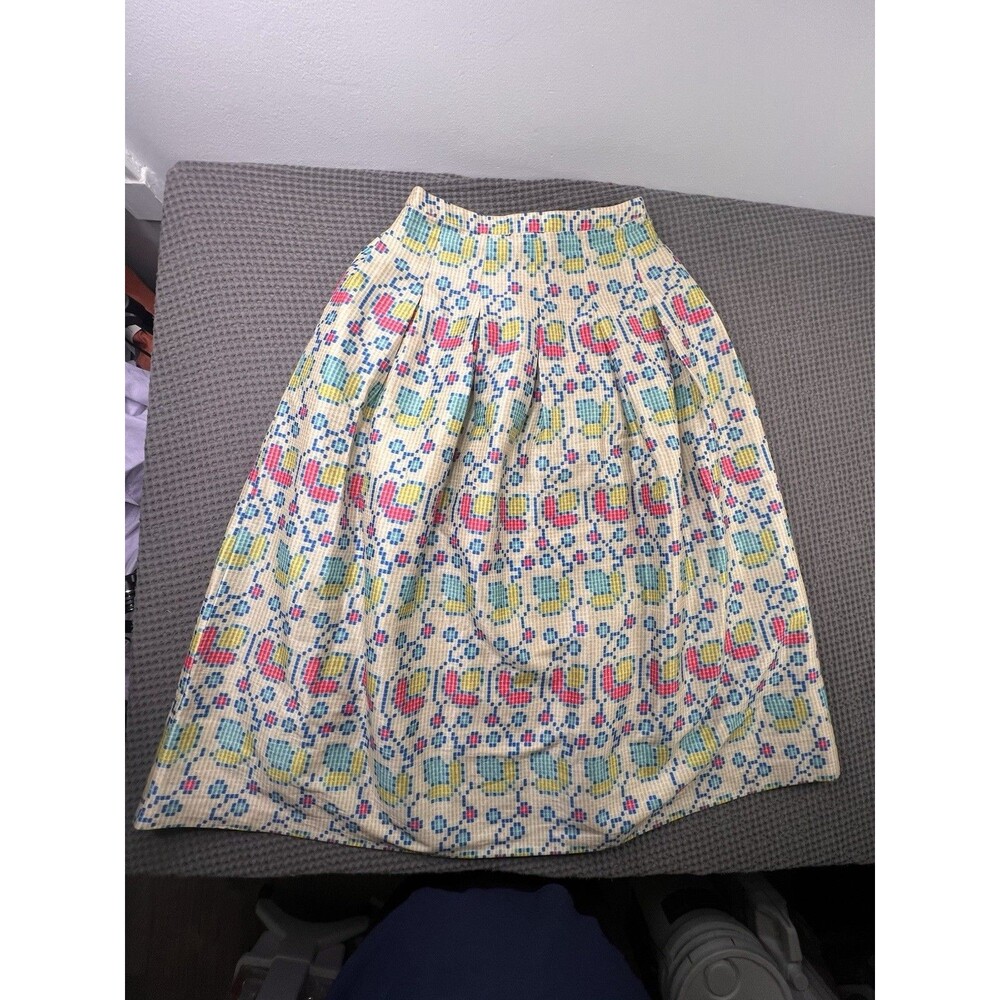 Anthropologie Cream Midi Skirt with Pink, Yellow & Blue Floral Print